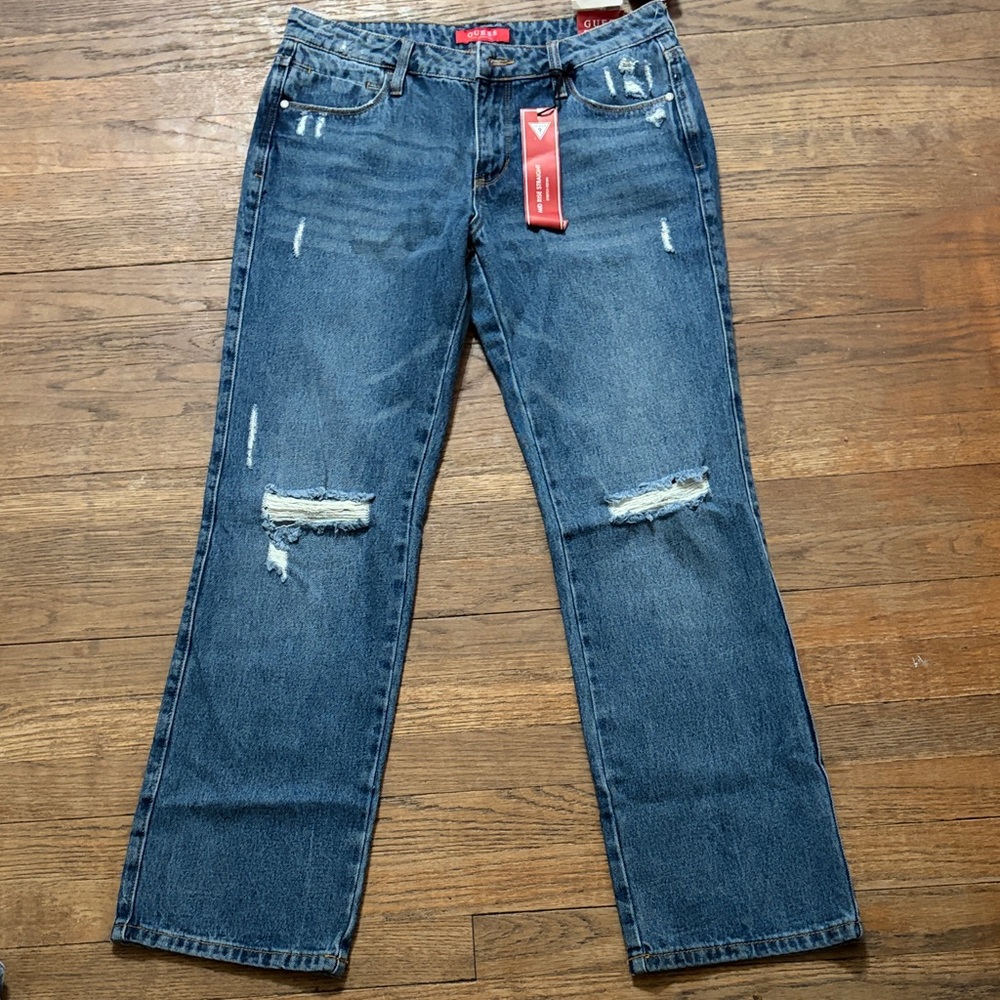 Guess Blue Distressed Straight-Leg Jeans